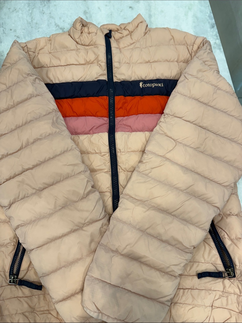 cotopaxi Blush Pink Lightweight Puffer with Navy, Orange & Dusty Rose Stripes